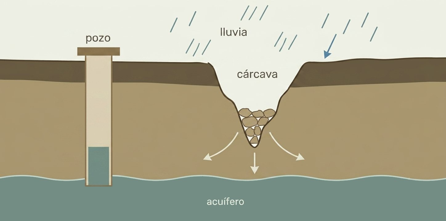Diagrama: la lluvia se frena en la superficie, se infiltra por el suelo y recarga el acuífero que alimenta el pozo.